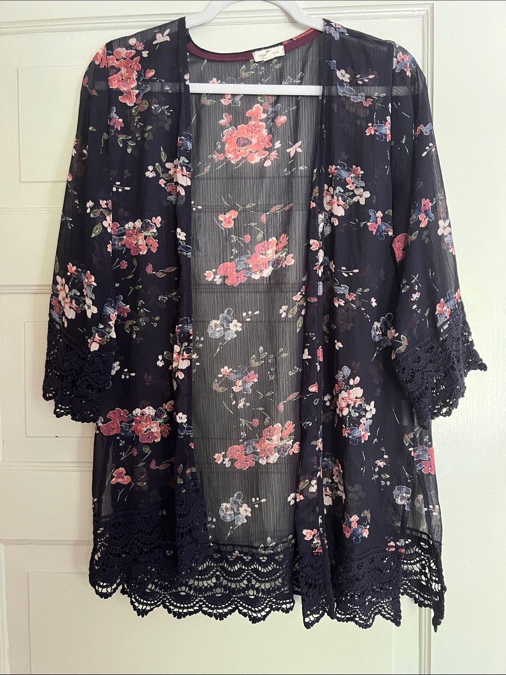 Sheer Floral Lace-Trim Kimono Robe - Navy with Pink Floral